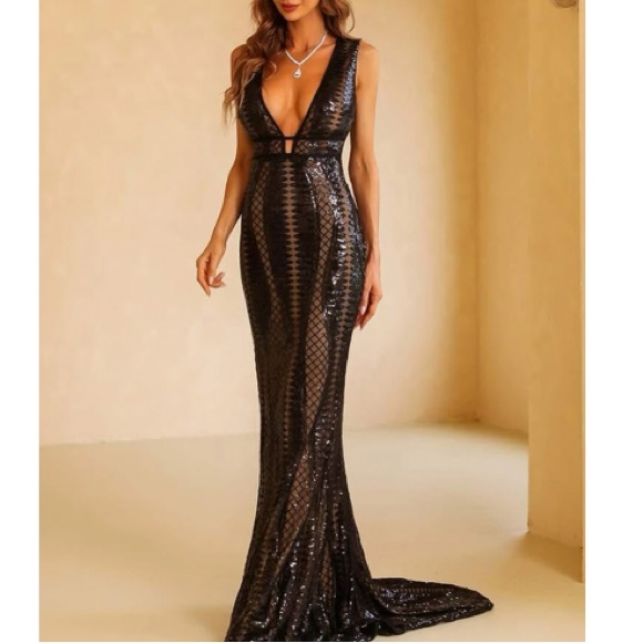 Luxe black V neck sequins party formal evening bridesmaids dress - Picture 6 of 9